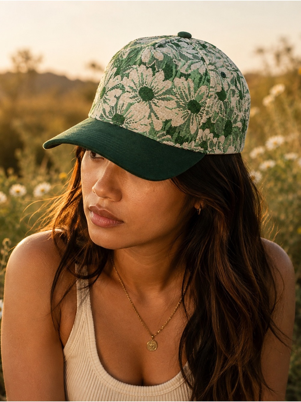 Green Floral Baseball Cap - Women's Casual Sun Hat